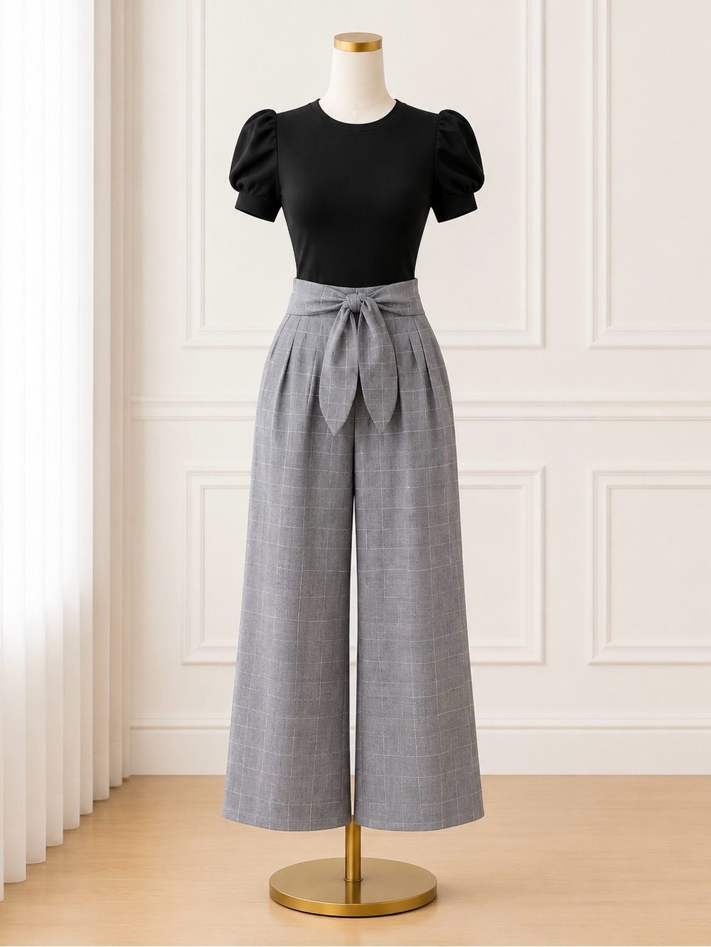 Choosy Gray Plaid Wide Leg Pants High Rise Tie Waist Chic Work Sz 2 NWT
